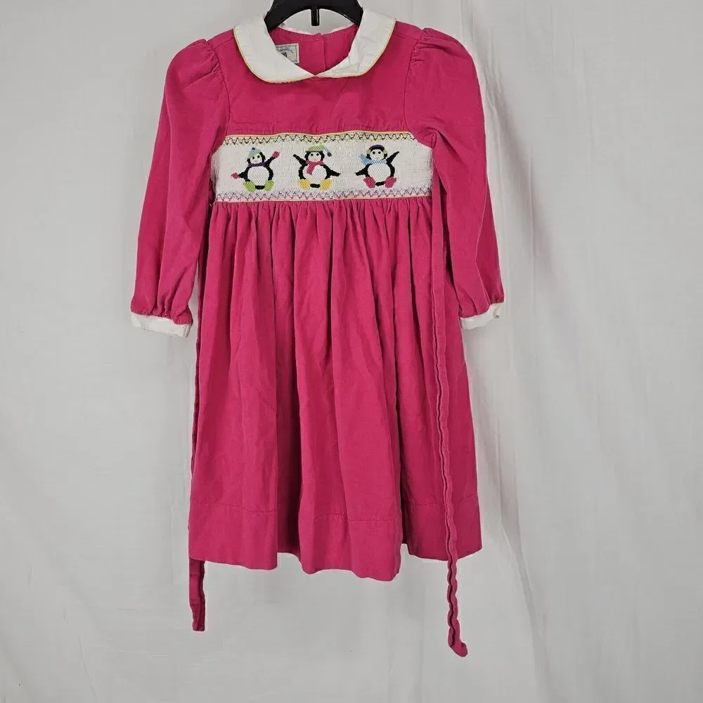 Marmellata 6 Pink Corduroy Smocked Christmas Penguin Long Sleeve Dress